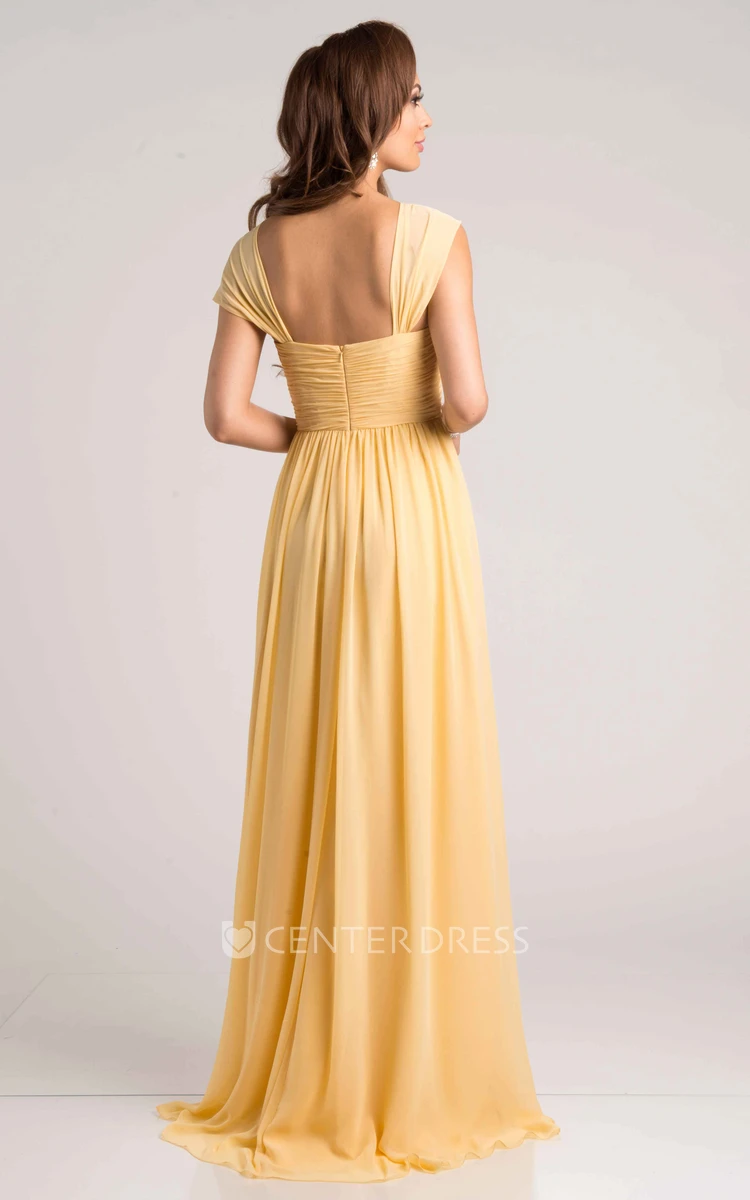Pleated Chiffon Empire A-Line Bridesmaid Dress With Cap Sleeve