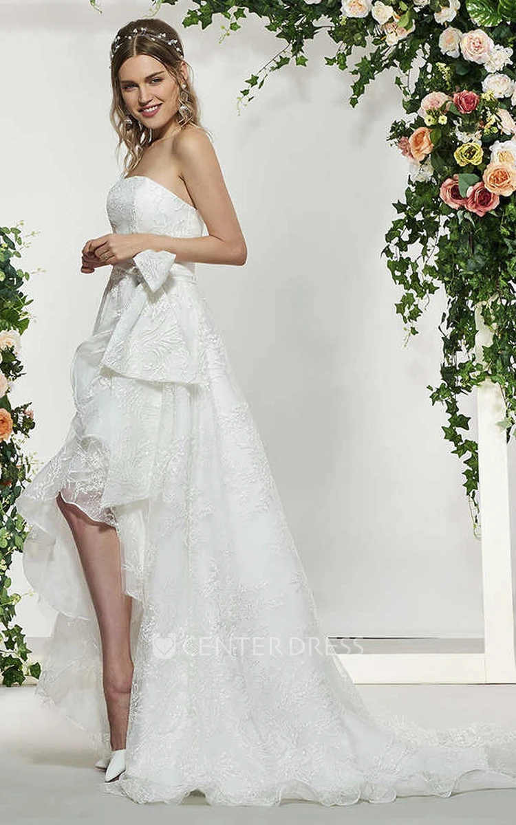 Lace Sleeveless Sweet High-low Wedding Dress With Sash And Bow