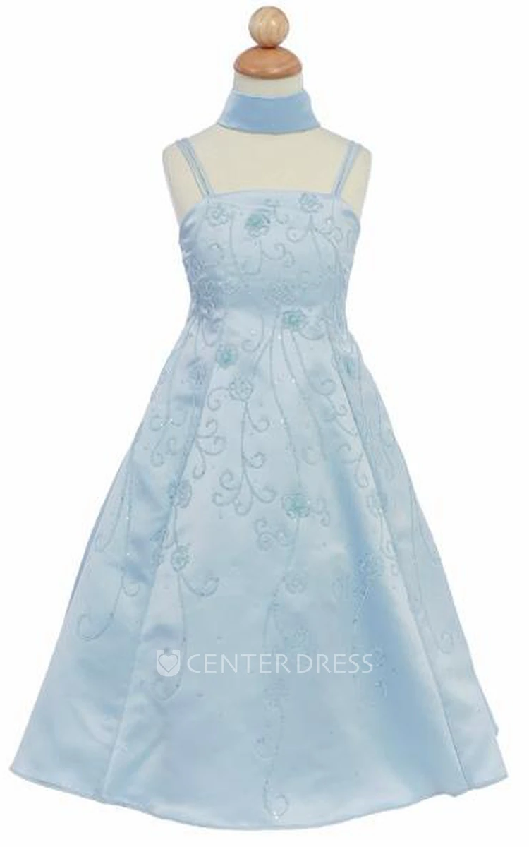 Floral Ankle-Length Floral Beaded Sequins&Satin Flower Girl Dress With Straps