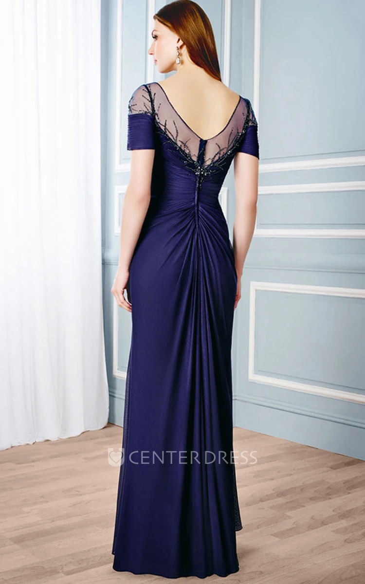 A-Line Bateau Short-Sleeve Beaded Maxi Chiffon Formal Dress With Low-V Back And Ruching