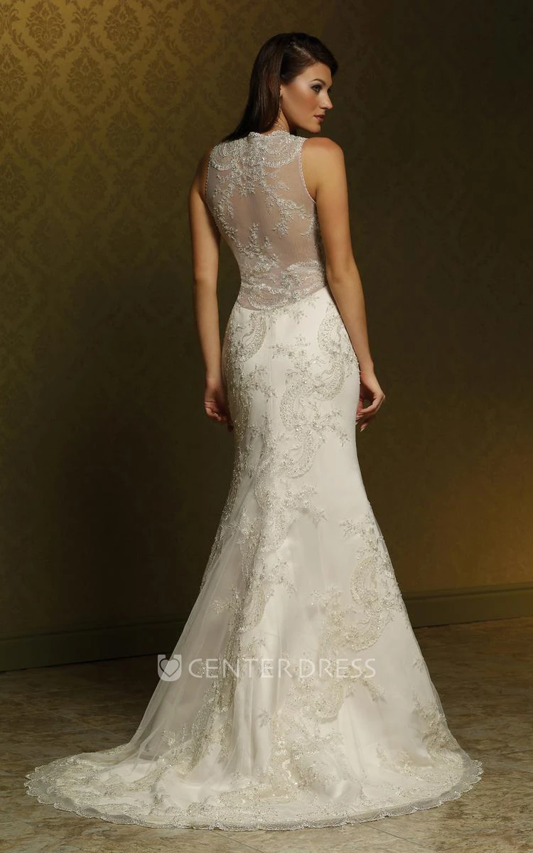 Sheath Appliqued Sleeveless Floor-Length V-Neck Lace Wedding Dress With Bow And Pleats
