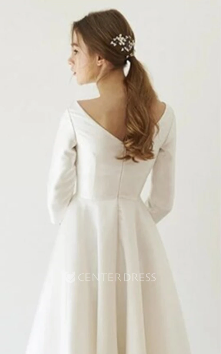 Elegant A Line Satin V-neck Tea-length Wedding Dress