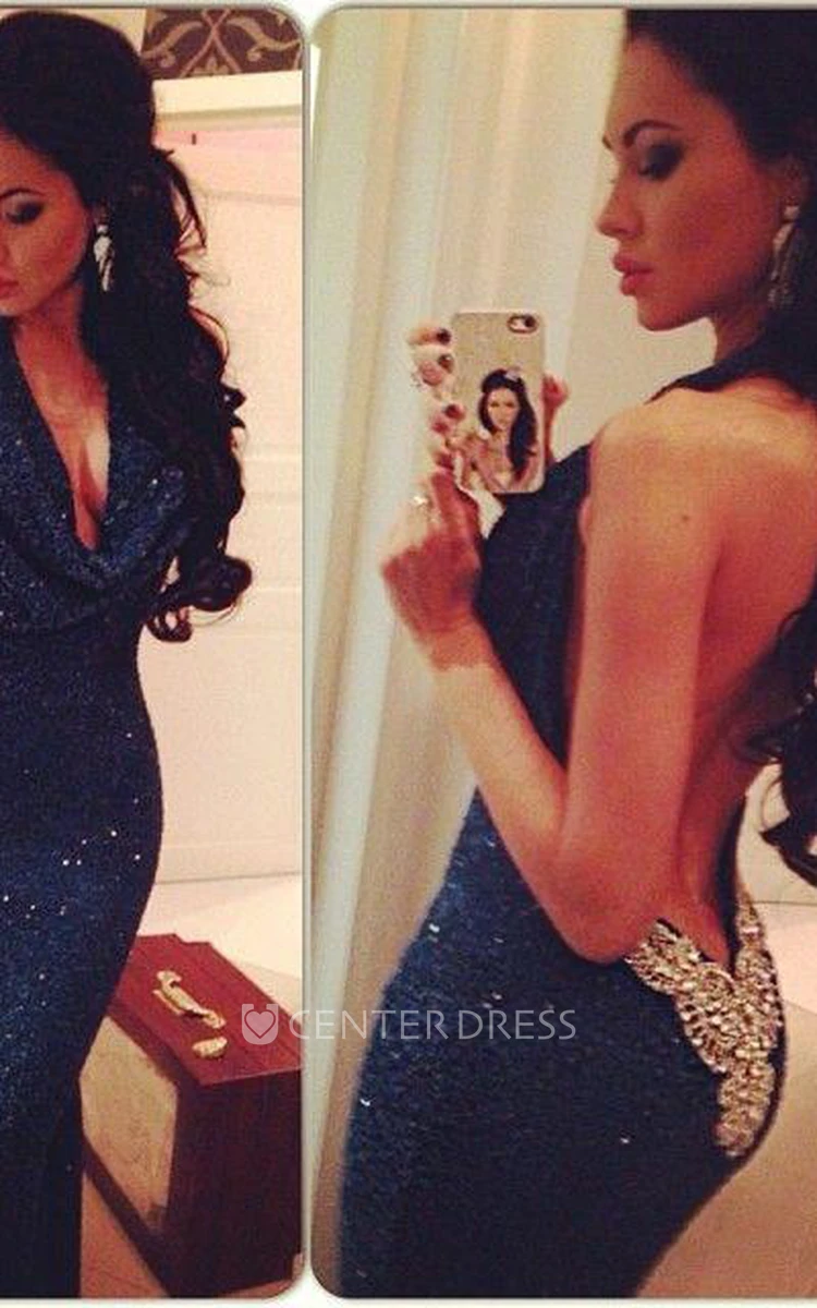 Sexy V-Neck Sequined Mermaid Prom Dresses Open Back Beadings Evening Dresses
