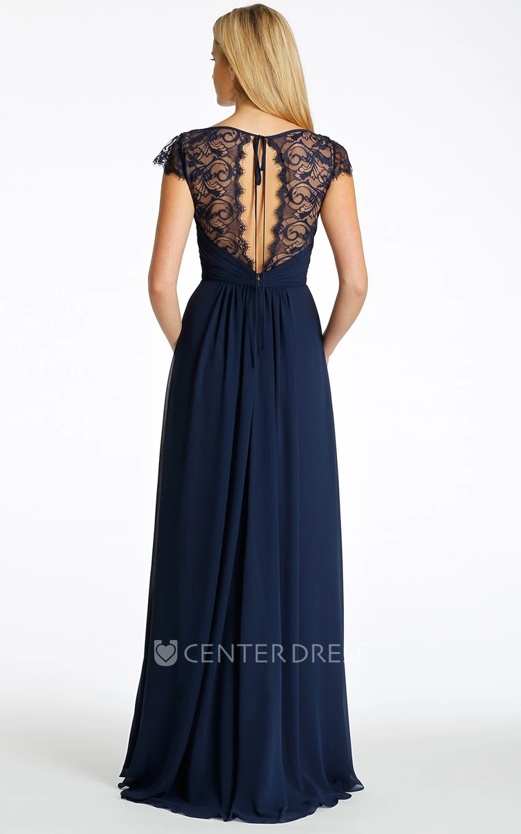 A-Line Cap-Sleeve Long Ruched V-Neck Chiffon Bridesmaid Dress With Lace And Keyhole Back