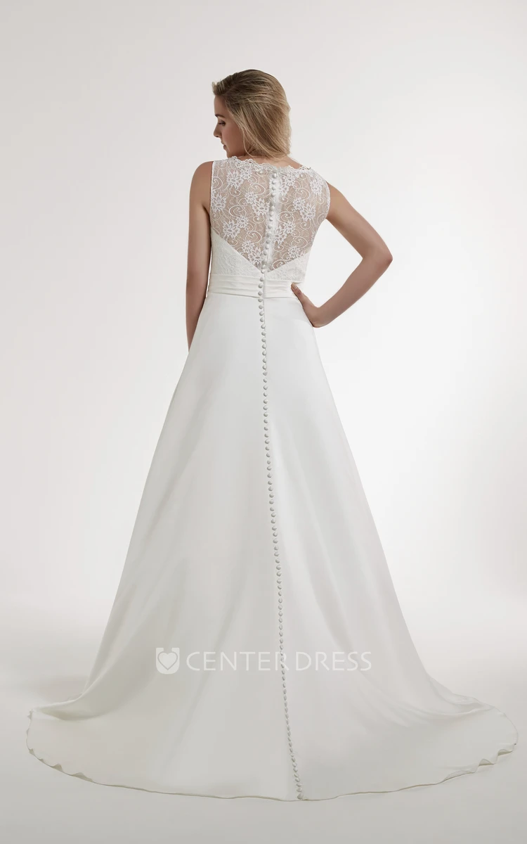 A-Line Bateau Lace Sleeveless Maxi Satin Wedding Dress With Illusion Back And Court Train