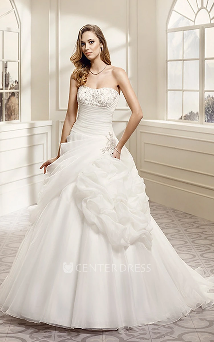 A-Line Pick-Up Strapless Organza Wedding Dress With Beading