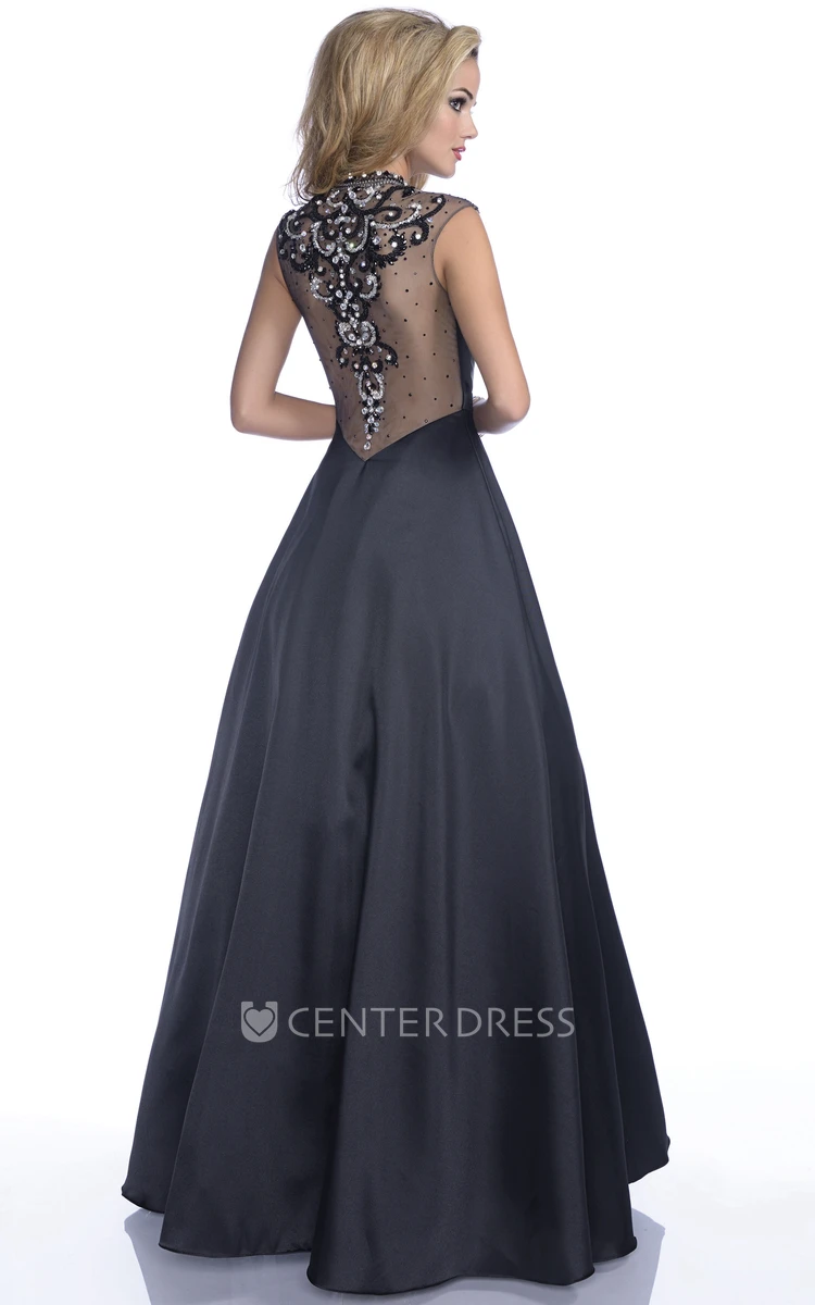 Tulle Cap Sleeve Floor Length Prom Dress With Sophisticated Jeweled Appliques