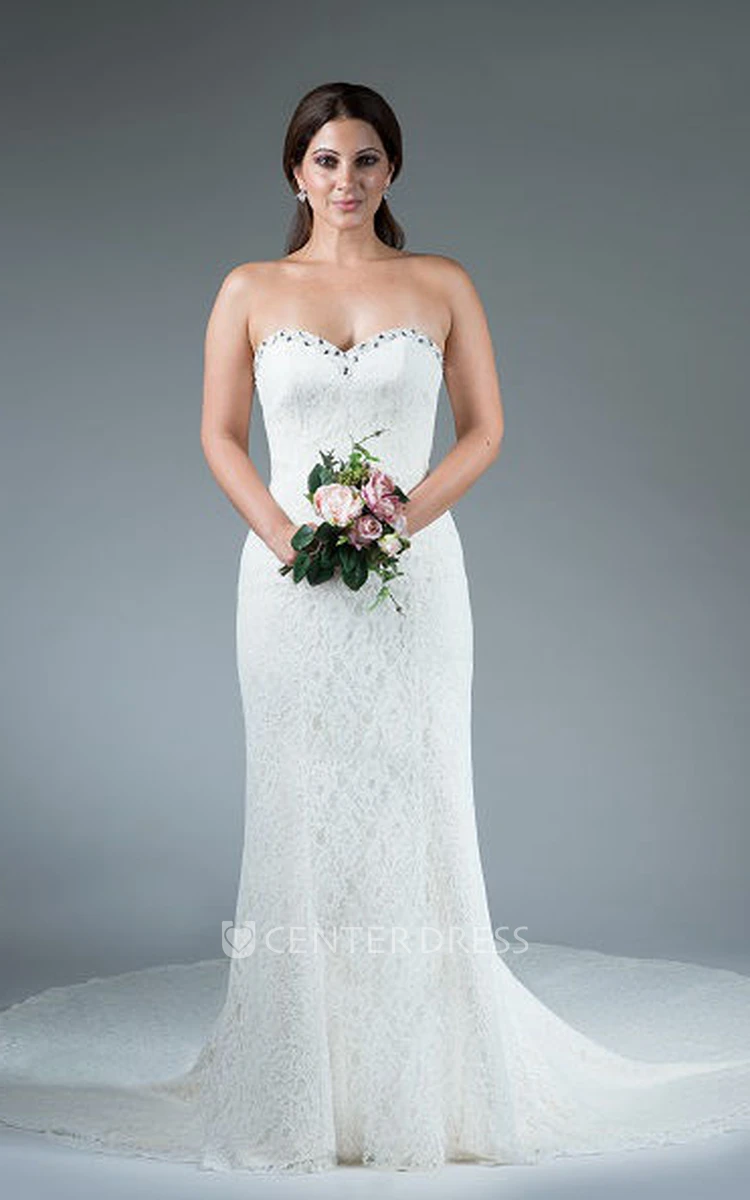 Crystal Sweetheart Sheath Lace Bridal Gown With Train