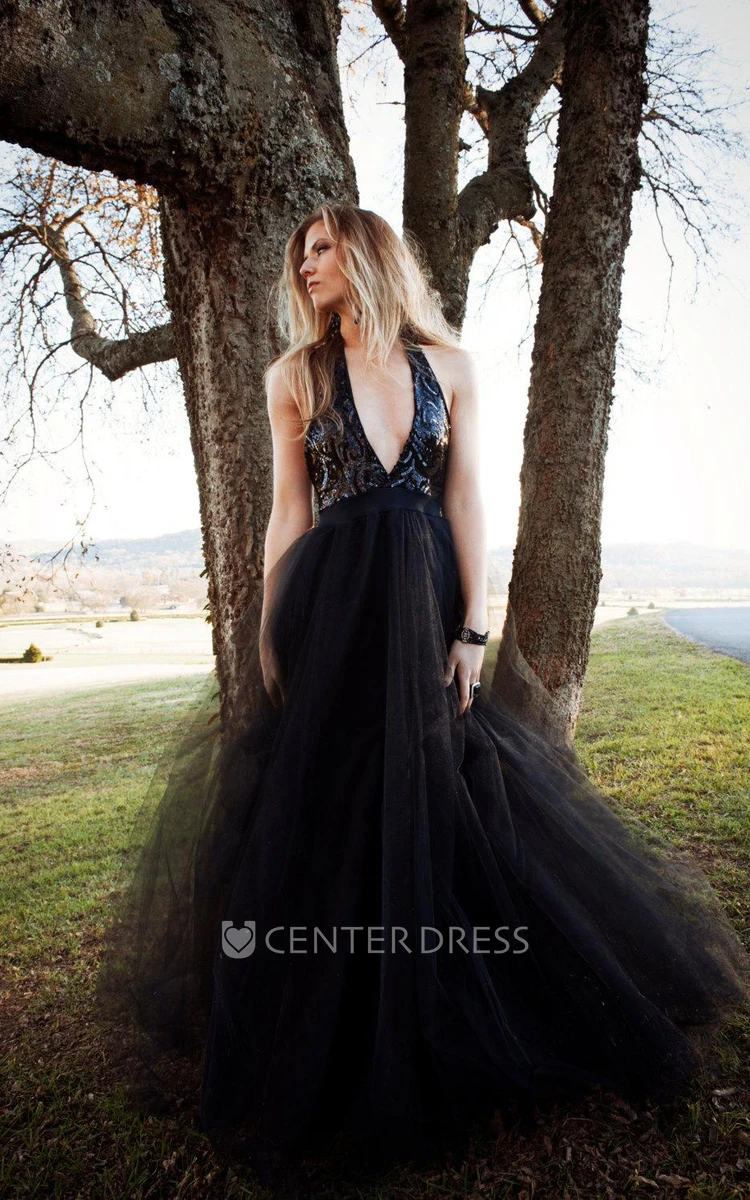 Halter Backless Tulle Dress With Sequins