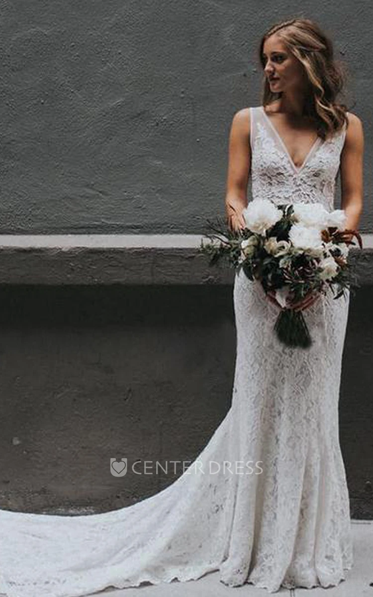 Bohemian Lace V-neck Floor-length Chapel Train Sleeveless Sheath Wedding Dress