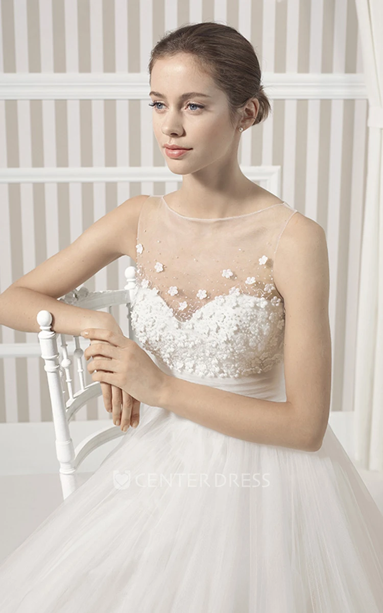 A-Line Floor-Length Bateau Sleeveless Floral Tulle Wedding Dress With Pleats And Illusion Back