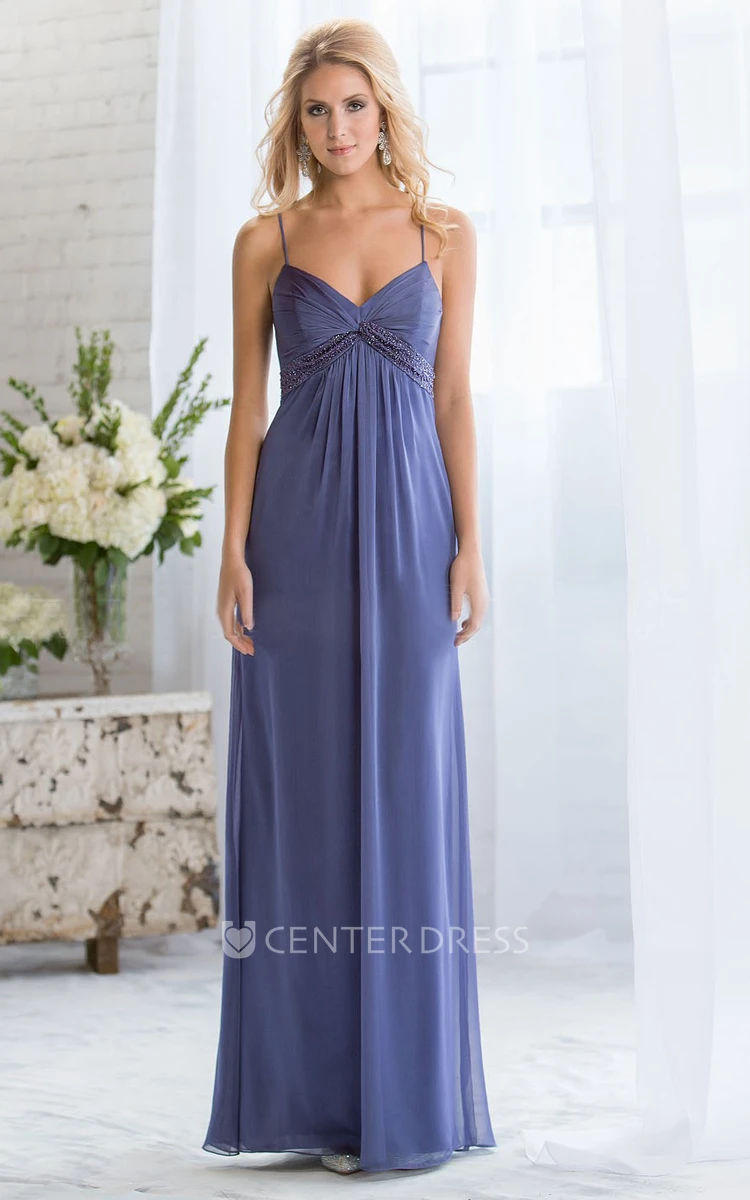 Sleeveless V-Neck Long Gown With Spaghetti Straps And Beadings