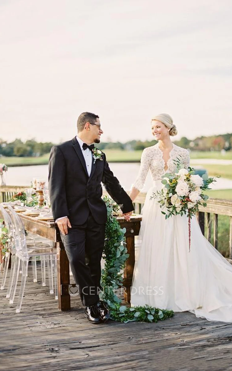 A Line V-neck Lace Tulle Zipper Keyhole Wedding Dress
