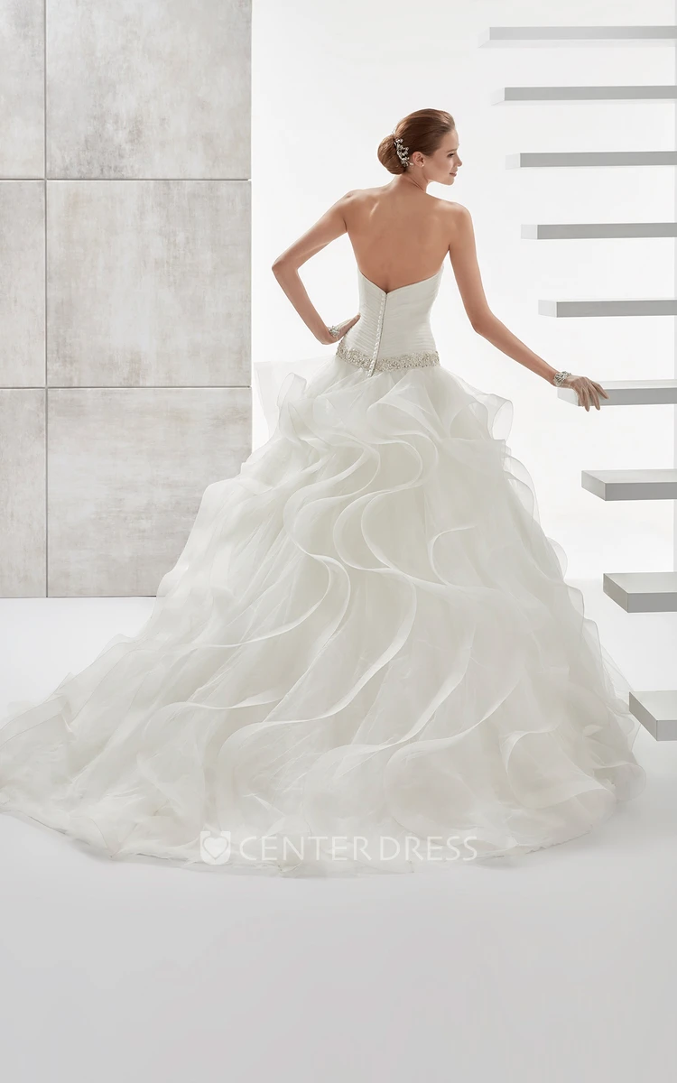 Strapless Pleating Wedding Dress with Cascading Ruffles and Beaded Details