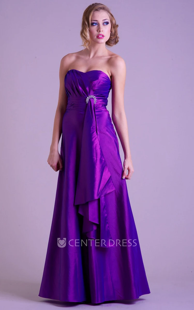 A-Line Sweetheart Sleeveless Broach Floor-Length Satin Prom Dress With Draping