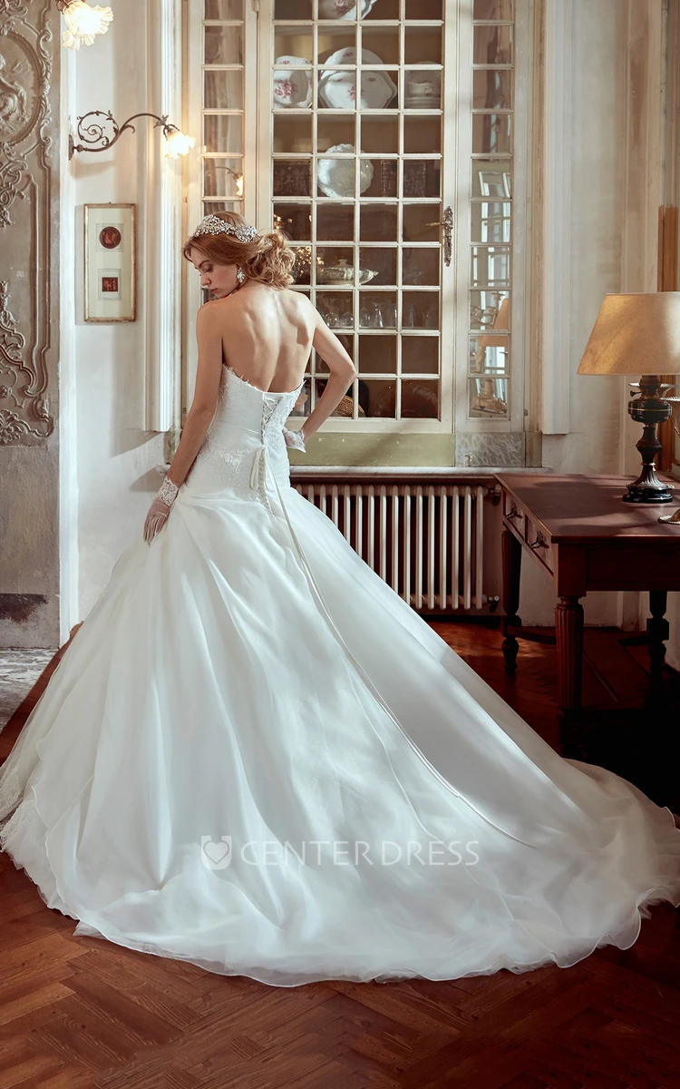 Strapless A-line Wedding Dress With Side Draping and Lace Appliques