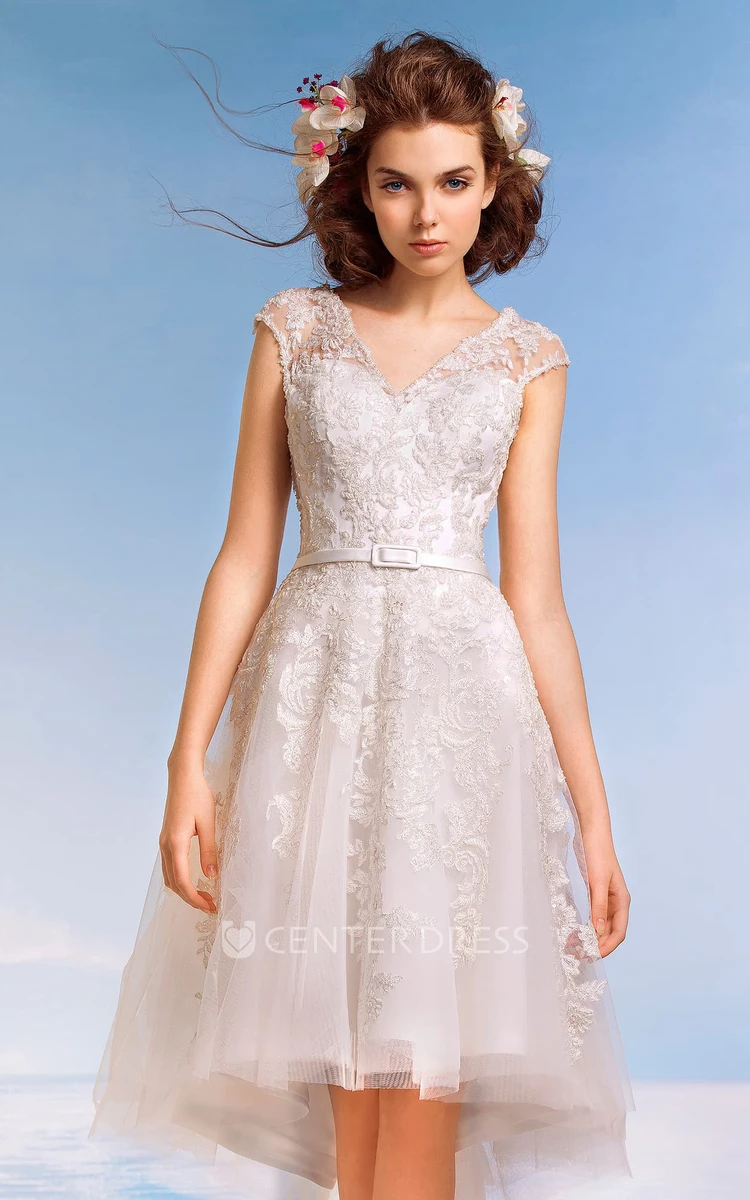 A-Line Knee-Length V-Neck Cap-Sleeve Illusion Lace Dress With Appliques And Pleats