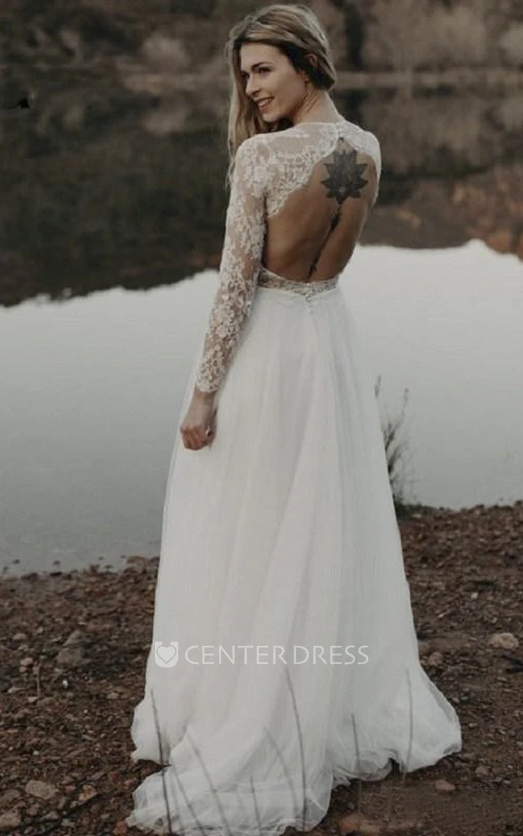 Elegant Long Sleeve Lace And Tulle Bridal Gown With Keyhole And Ruching