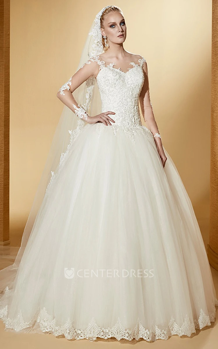 Elegant Long-Sleeve Ball Gown With Illusive Design And Lace Bodice