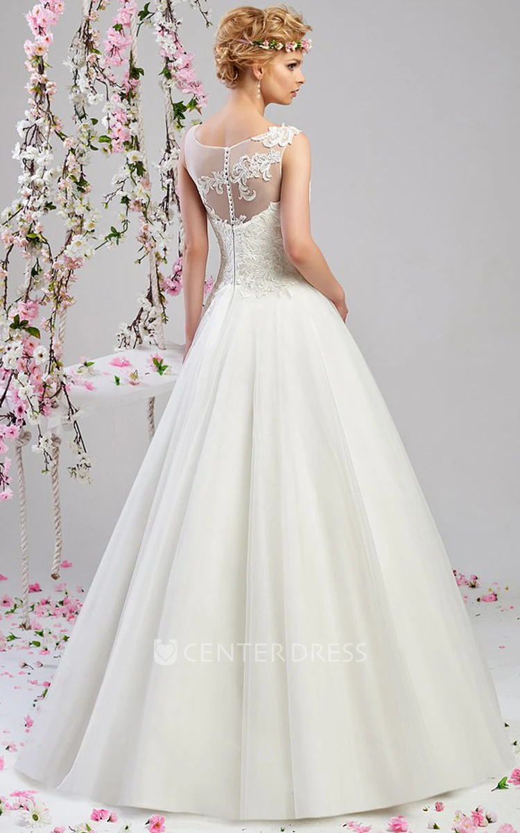 A-Line Sleeveless Appliqued Maxi Scoop-Neck Tulle&Satin Wedding Dress