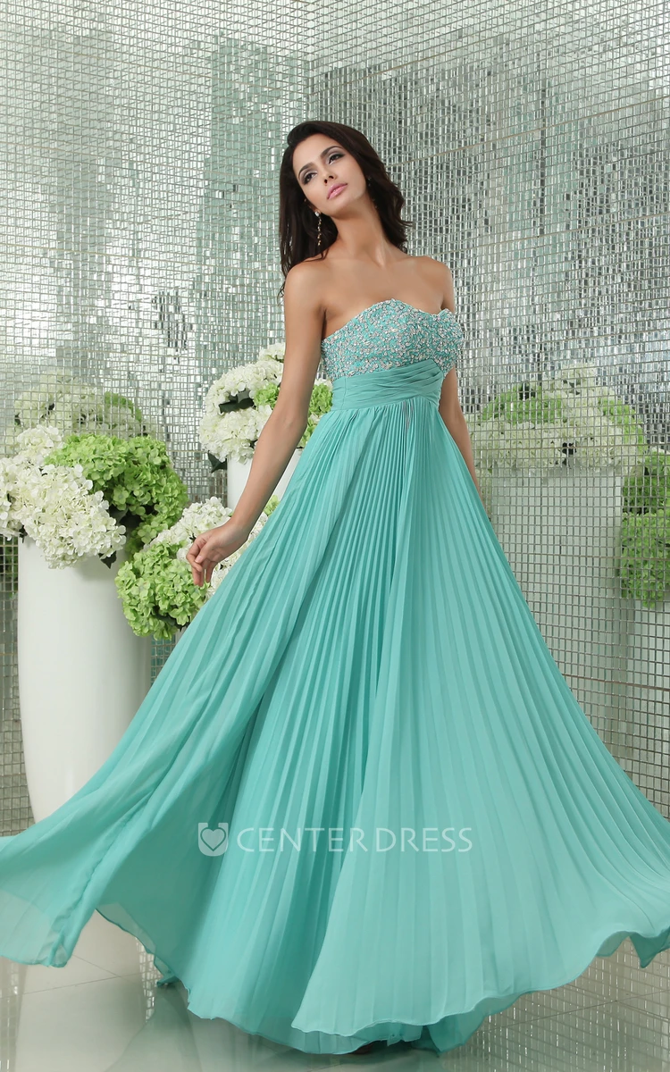 Pleated Empire Chiffon Prom Gown With Sequined Bodice