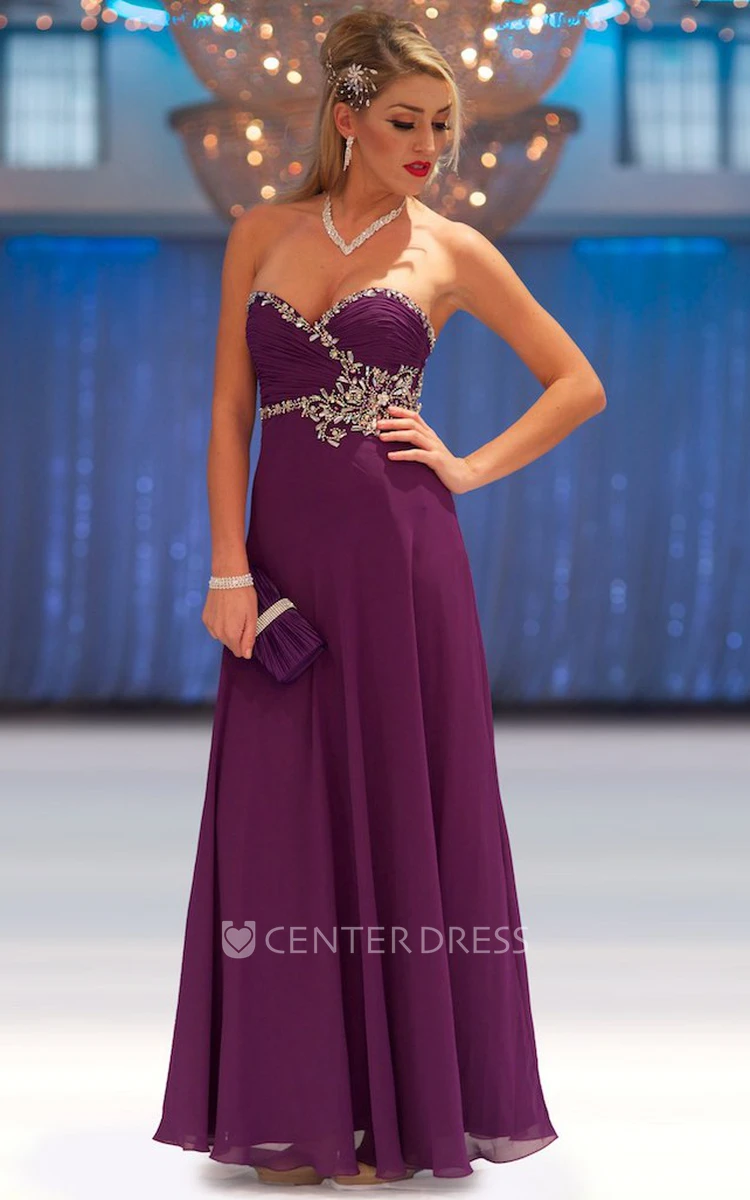 Floor-Length Sweetheart Sleeveless Ruched Chiffon Prom Dress With Beading