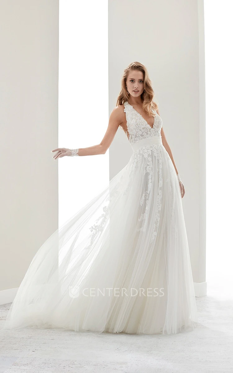 Deep-V Lace Draping Gown With Halter Strap And Illusive Lace Back