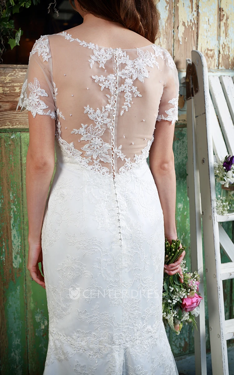 Sheath Floor-Length Bateau-Neck Short-Sleeve Lace Wedding Dress With Appliques And Illusion