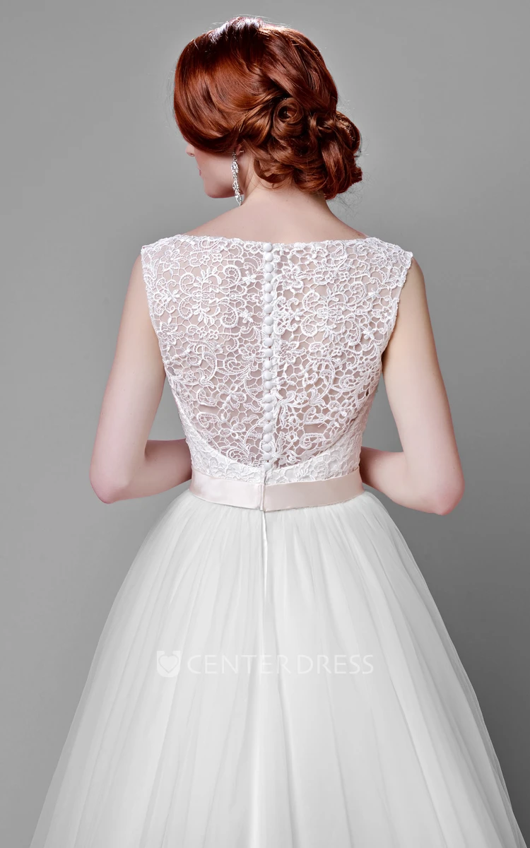 Sleeveless V-Neck Lace And Tulle Wedding Dress With Beaded Satin Belt