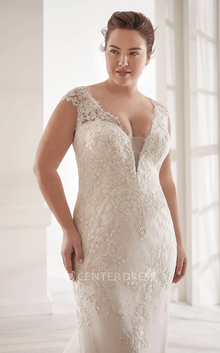 Plunging V-neck Elegant Detachable Plus Size Cap Sleeve Lace Bridal Gown