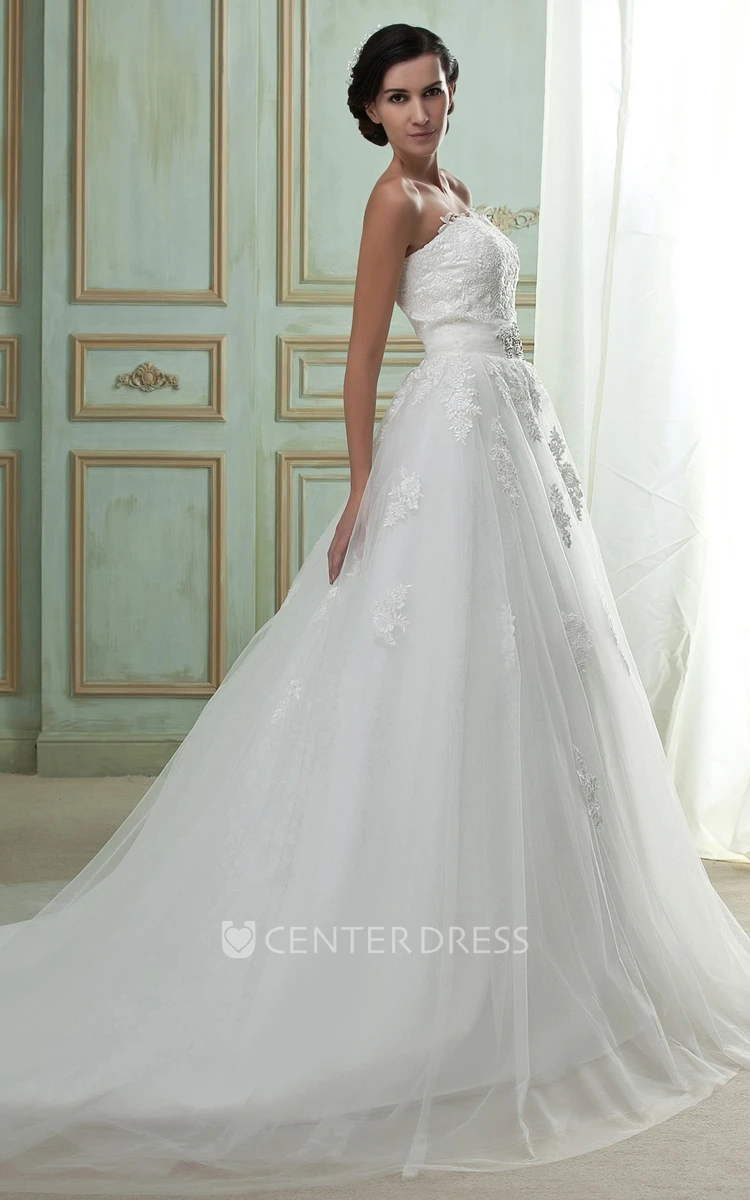 Strapless Lace A-Line Wedding Gown With Lace Bolero and Tulle Overlay