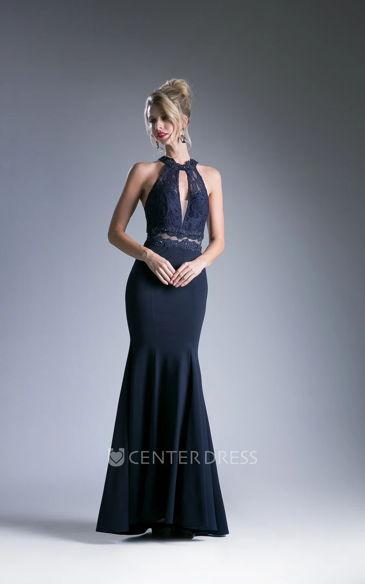 Sheath Maxi High Neck Sleeveless Jersey Dress With Lace And Appliques