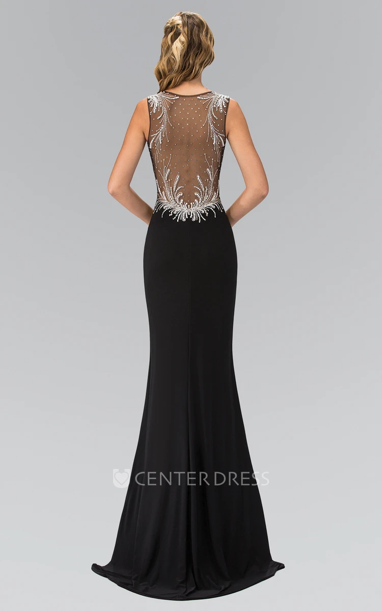 Sheath V-Neck Sleeveless Jersey Illusion Dress With Crystal Detailing