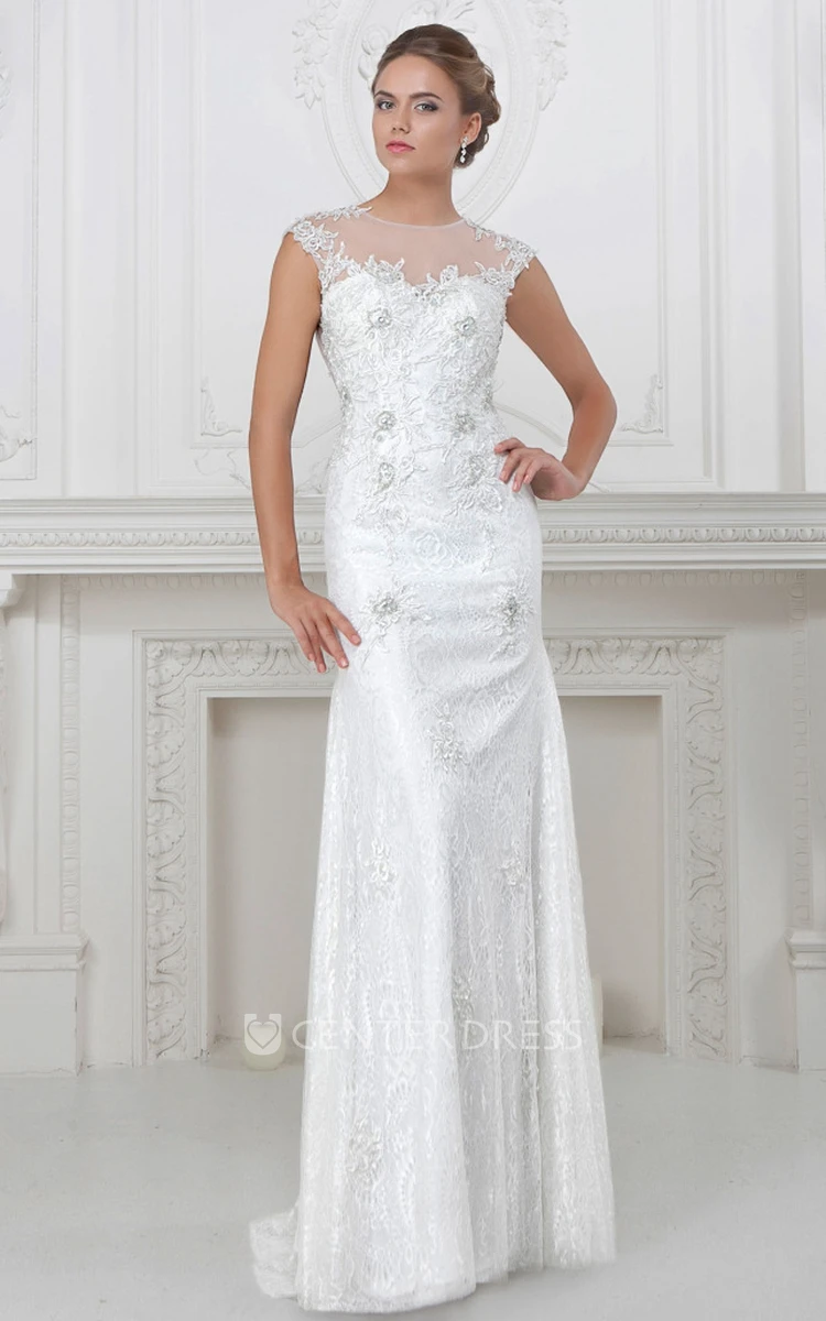 Sheath Long Cap-Sleeve Jewel-Neck Appliqued Lace Wedding Dress With Beading