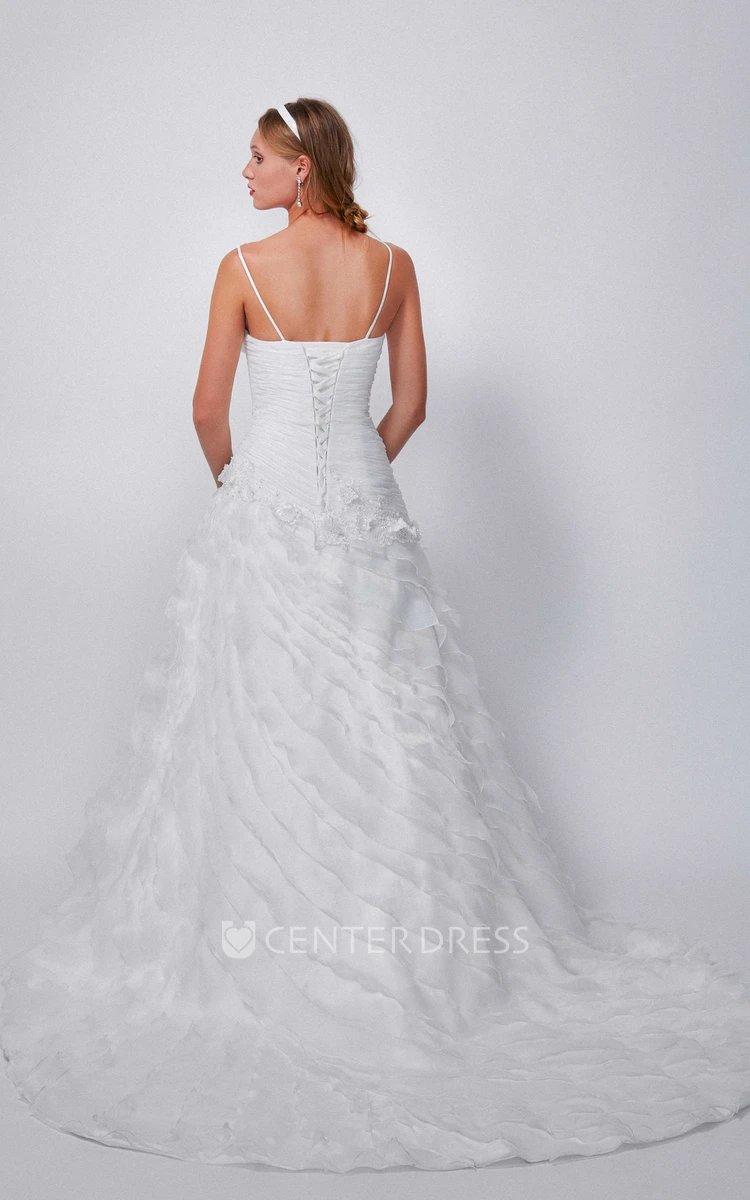 A-Line Sleeveless Ruched Maxi V-Neck Organza Wedding Dress With Tiers And Flower