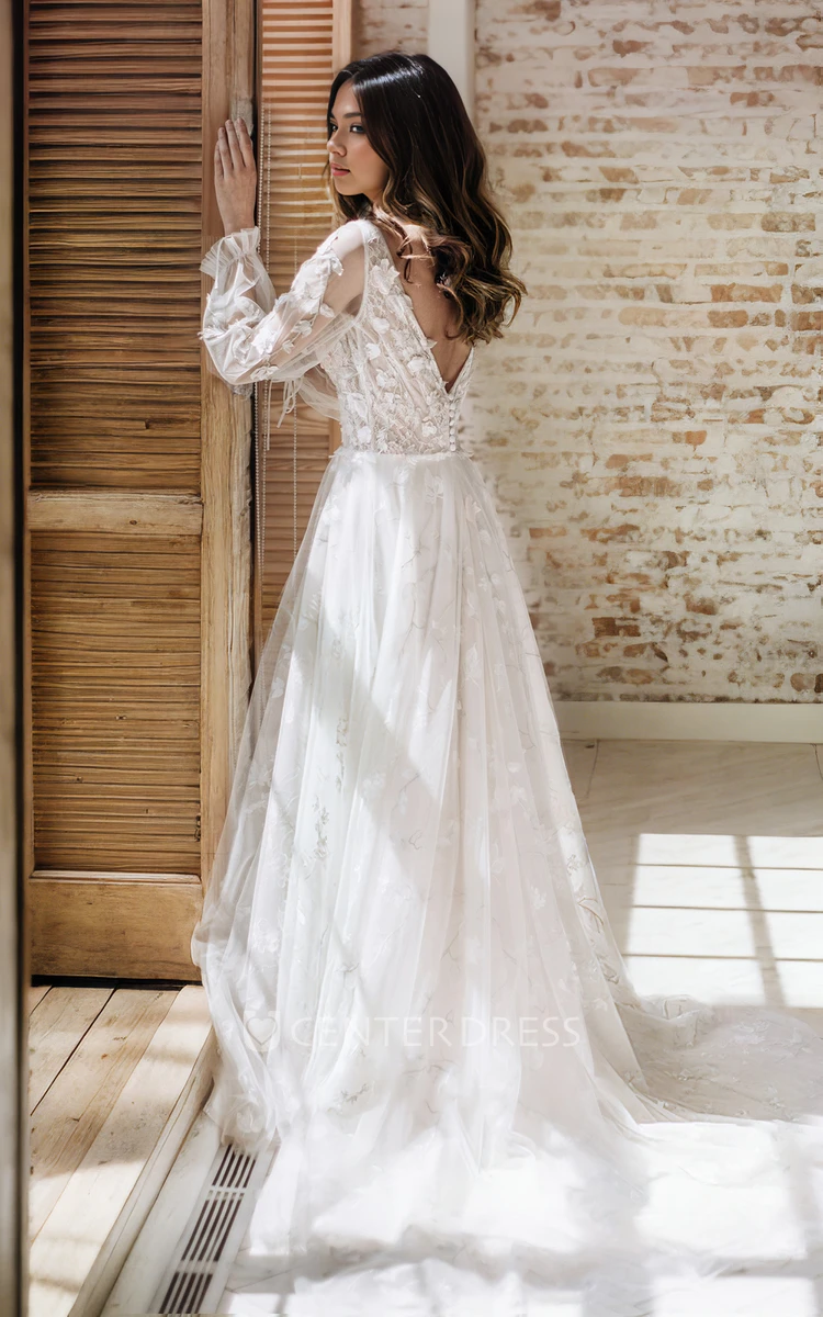 Elegant Princess A-Line Boho Lace Sheer Long Sleeve Wedding Dress with Court Train Ethereal Fairy Tale Appliqued V-Neck Deep-V Back Bridal Gown