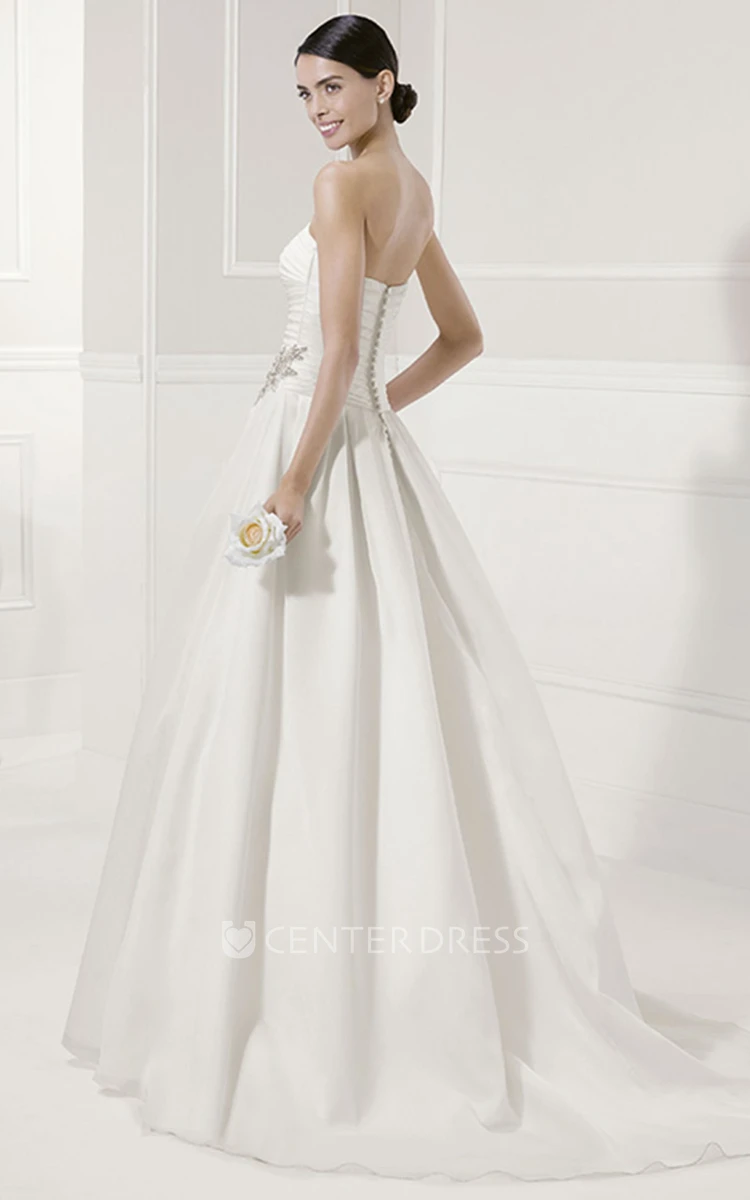 Strapless Ruched A-Line Bridal Gown With Removable Long-Sleeve Lace Jacket