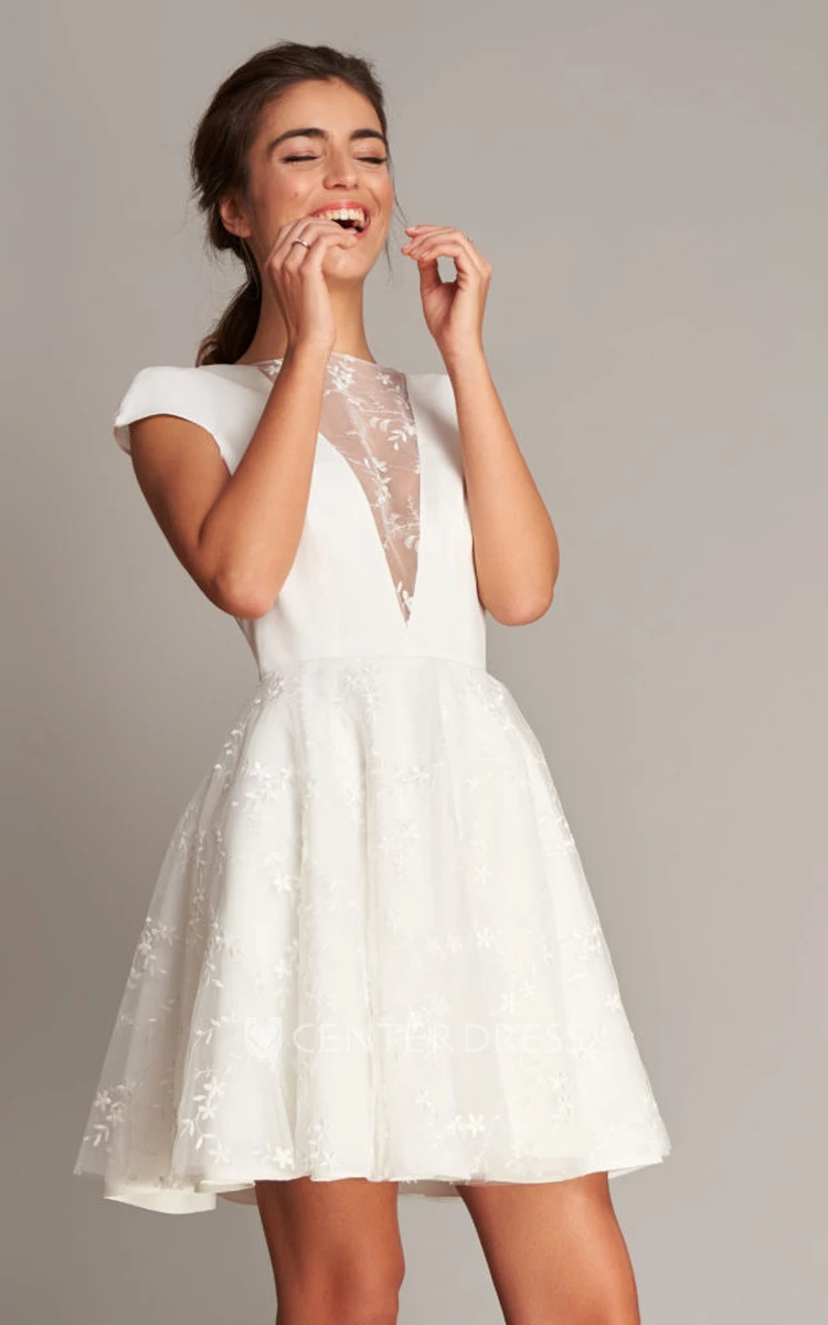Cute A Line Jewel Neck Satin Lace Short Wedding Dress with Deep-V Back 