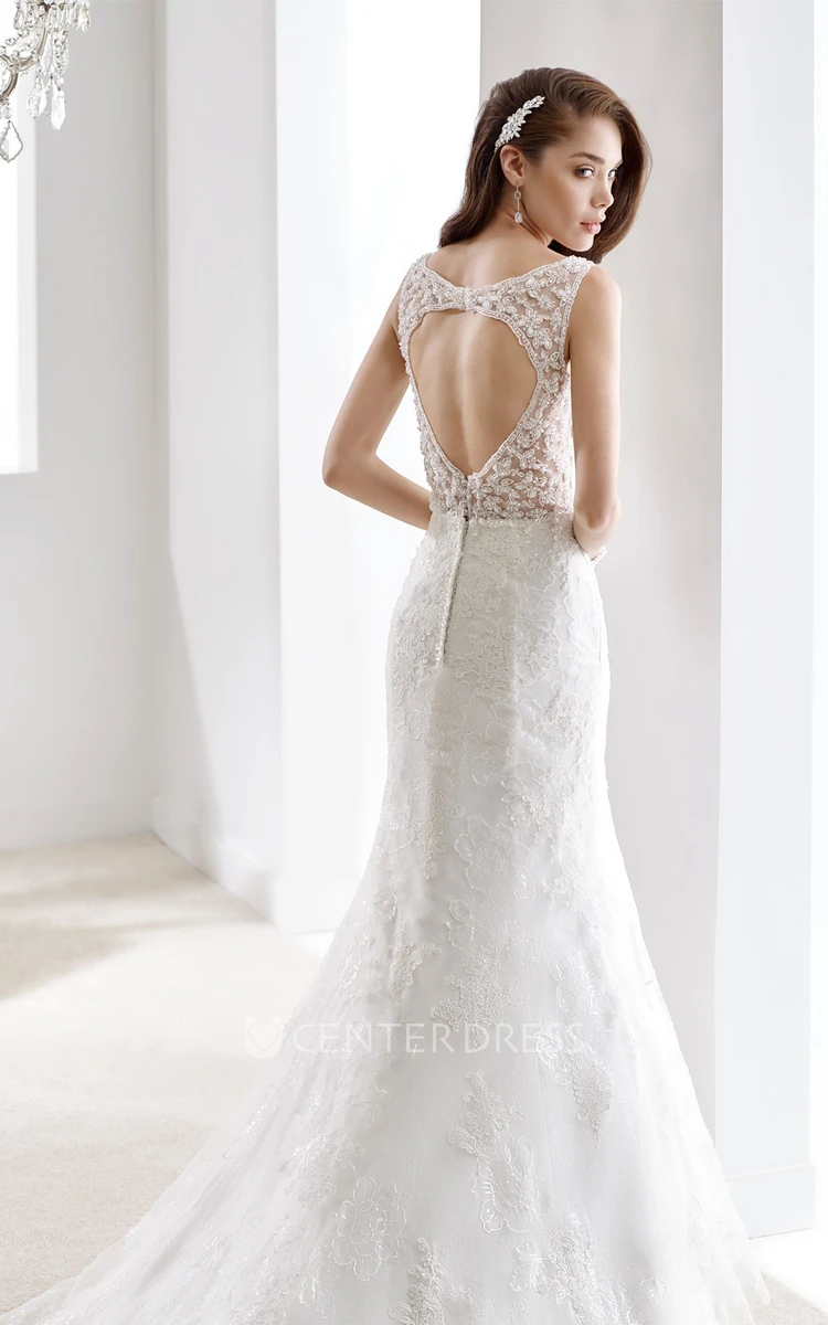 V-neck Cap sleeve Sheath Wedding Gown with Keyhole Back and Illusive Lace Straps
