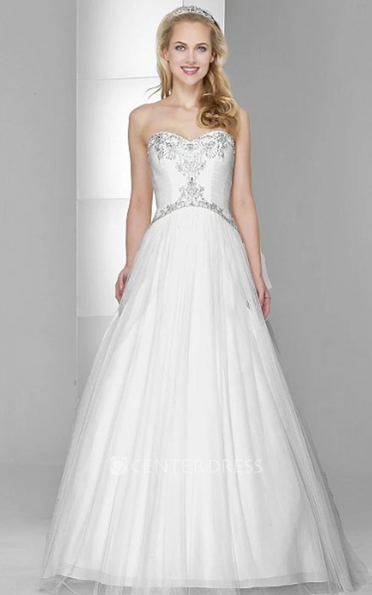 A-Line Sweetheart Ruched Tulle&Satin Wedding Dress With Beading And Zipper