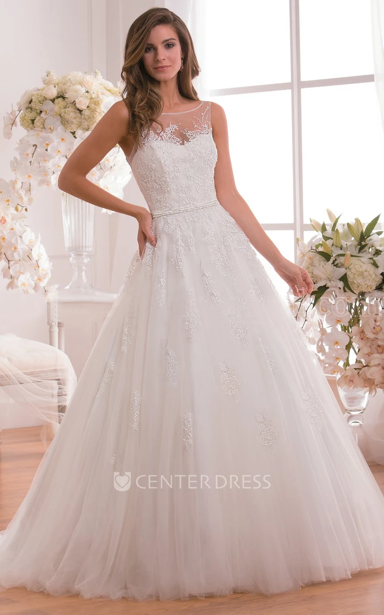 Bateau-Neck A-Line Wedding Dress With Illusion Detail And Floral Appliques