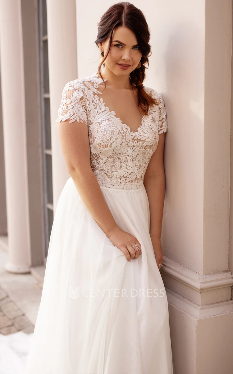 Romantic A Line Lace Bateau Court Train Wedding Dress with Ruching
