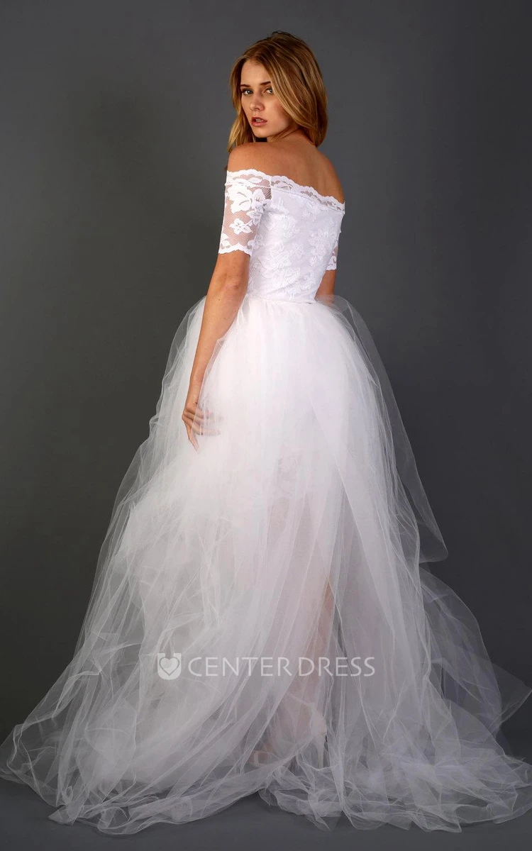 Full Lace Off-Shoulder Short Sheath Wedding Dress With Detachable Skirt