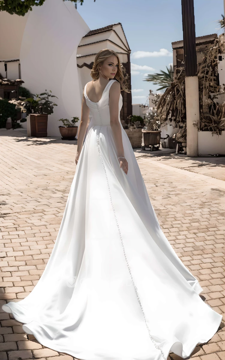 Modern A-Line Simple Satin Wedding Dress Sleeveless Solid Scoop Neck Gown with Train