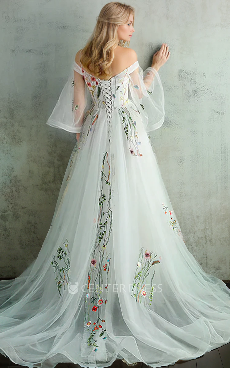Summer Sexy Elegant Beach A-Line Lace Tulle Wedding Dress Romantic Adorable Bell Sleeve Court Train Ball Gown