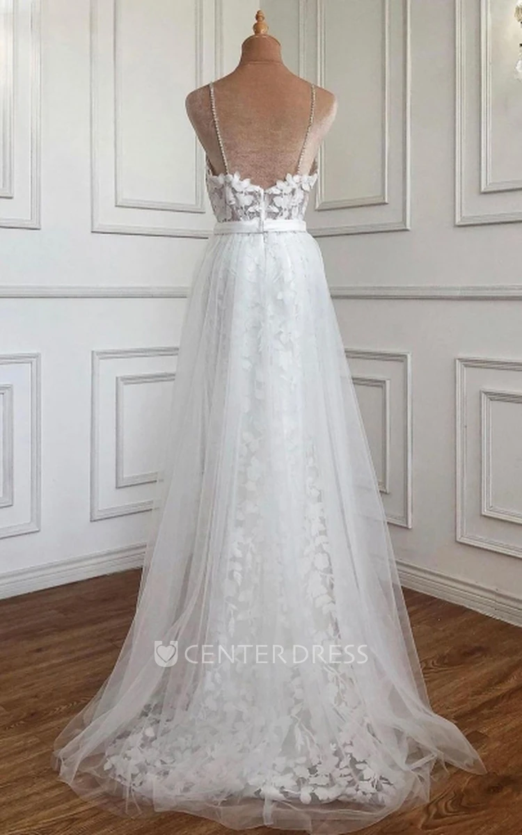 Romantic Lace Floor-length Train Sleeveless A Line Straps Prom Dress with Sash