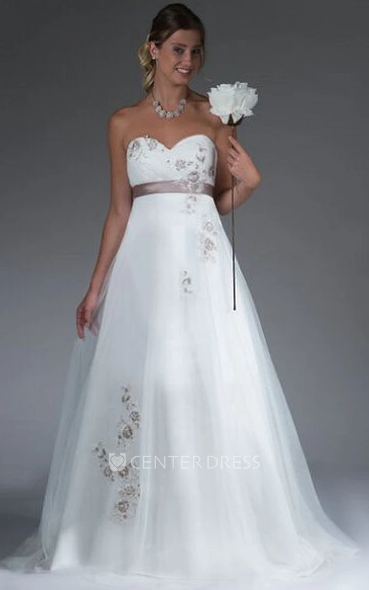 Empire Sweetheart A-Line Tulle Bridal Gown With Applique And Sash