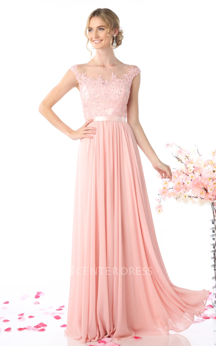 A-Line Jewel-Neck Cap-Sleeve Chiffon Illusion Dress With Lace And Pleats
