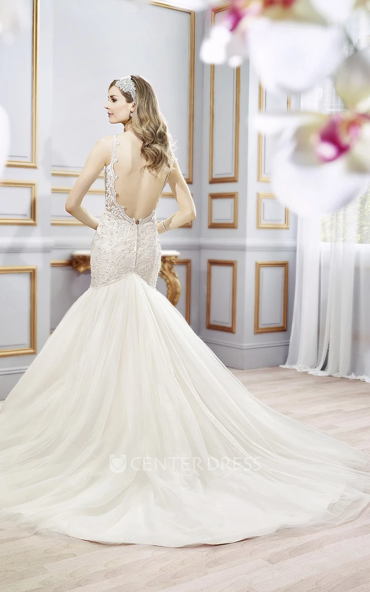 Mermaid Spaghetti Floor-Length Sleeveless Appliqued Lace&Tulle Wedding Dress With Chapel Train And Backless Style