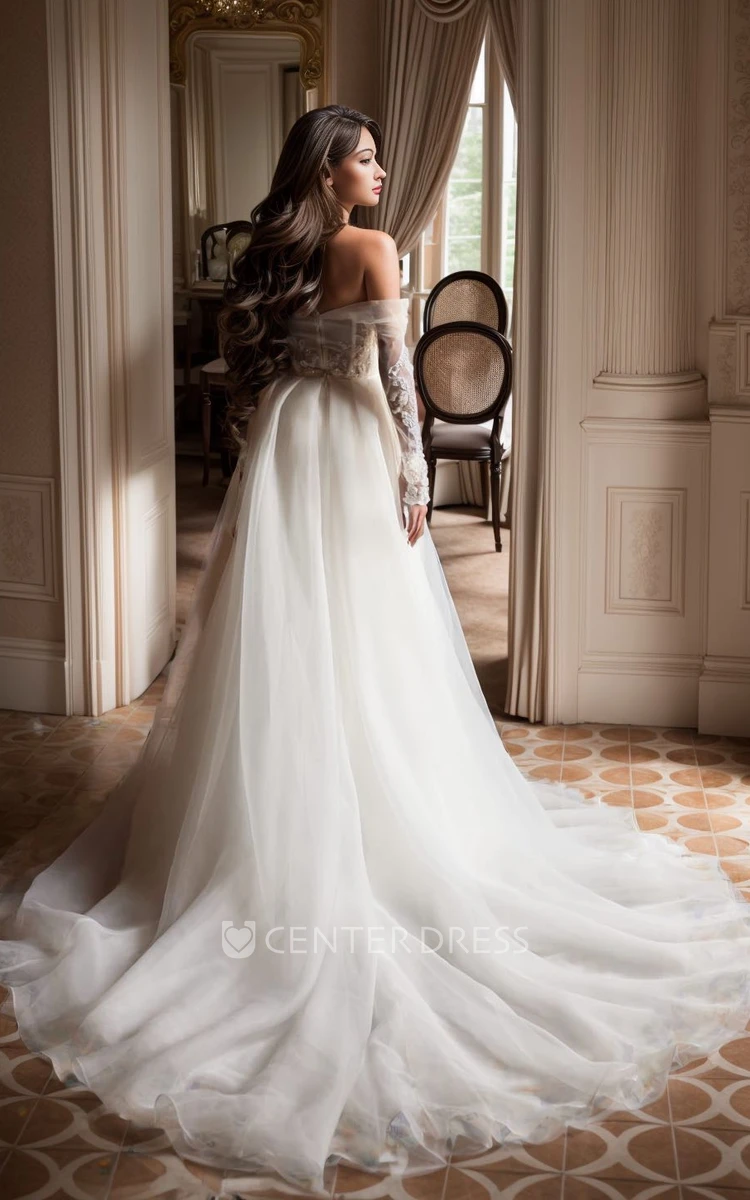 A-Line Off-the-shoulder Chiffon Wedding Dress Long Sleeve Appliques Open Back Bridal Gown with Train